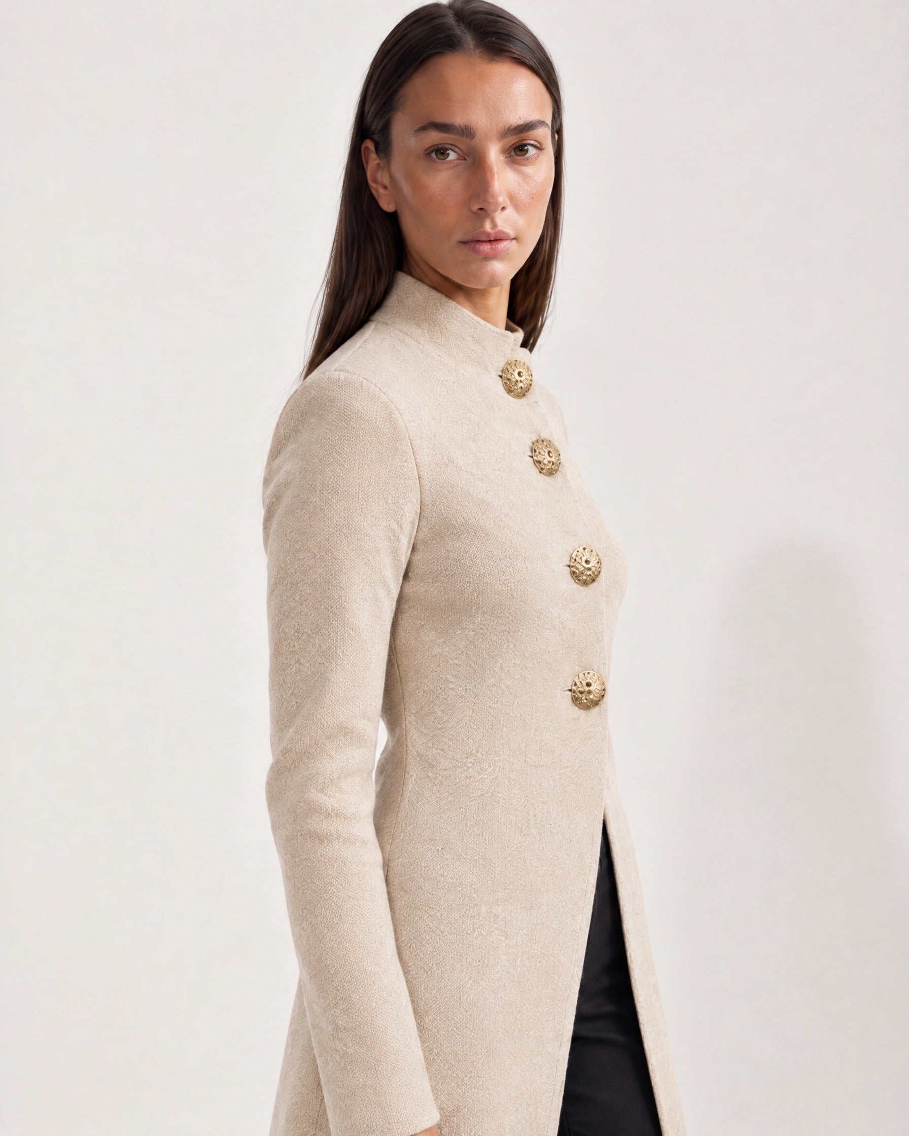Beige Long Cardigan Womens Maxi Knitted Coatigan with Gold Buttons and Soft Knit