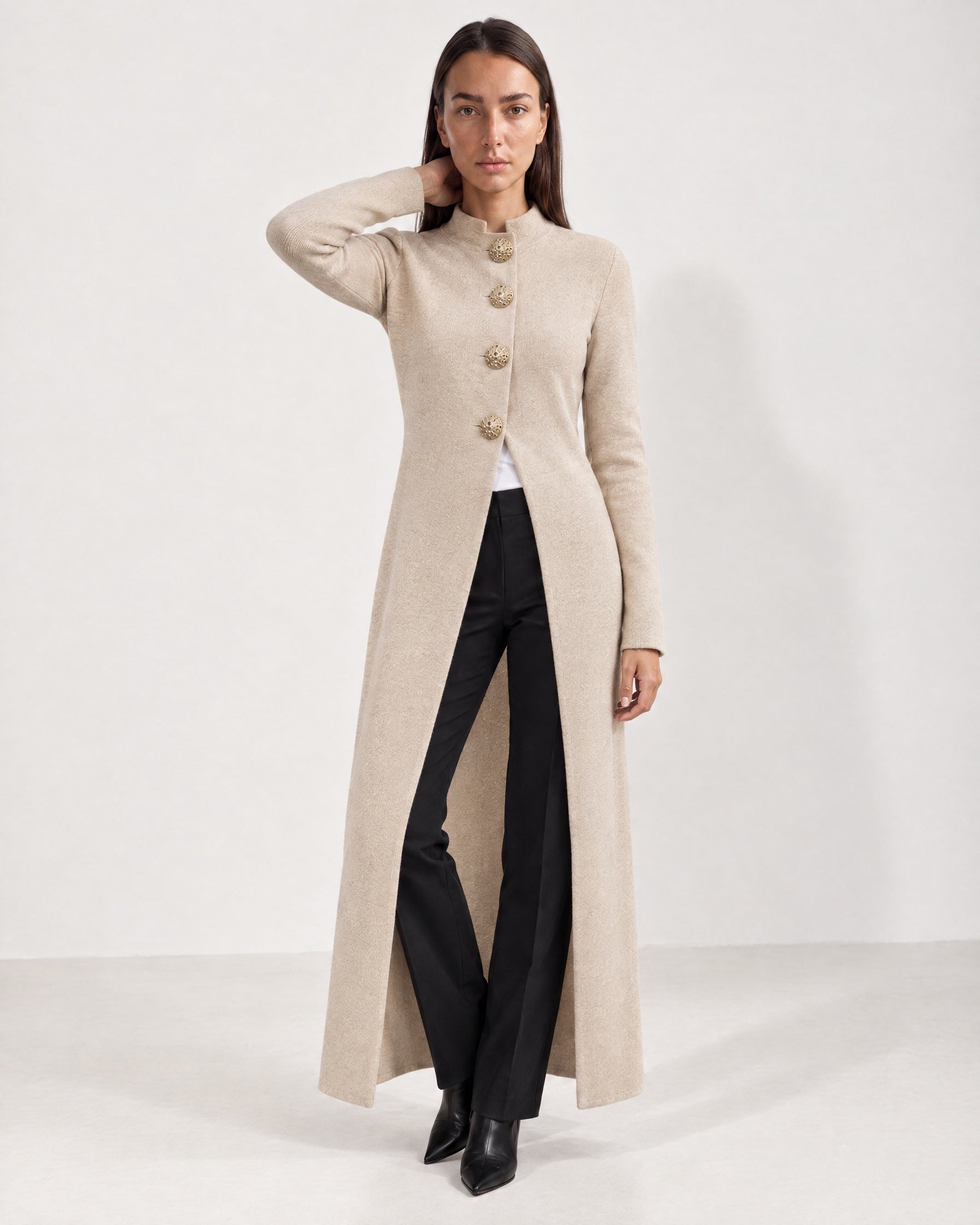 Beige Long Cardigan Womens Maxi Knitted Coatigan with Gold Buttons and Soft Knit