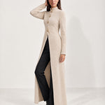 Beige Long Cardigan Womens Maxi Knitted Coatigan with Gold Buttons and Soft Knit