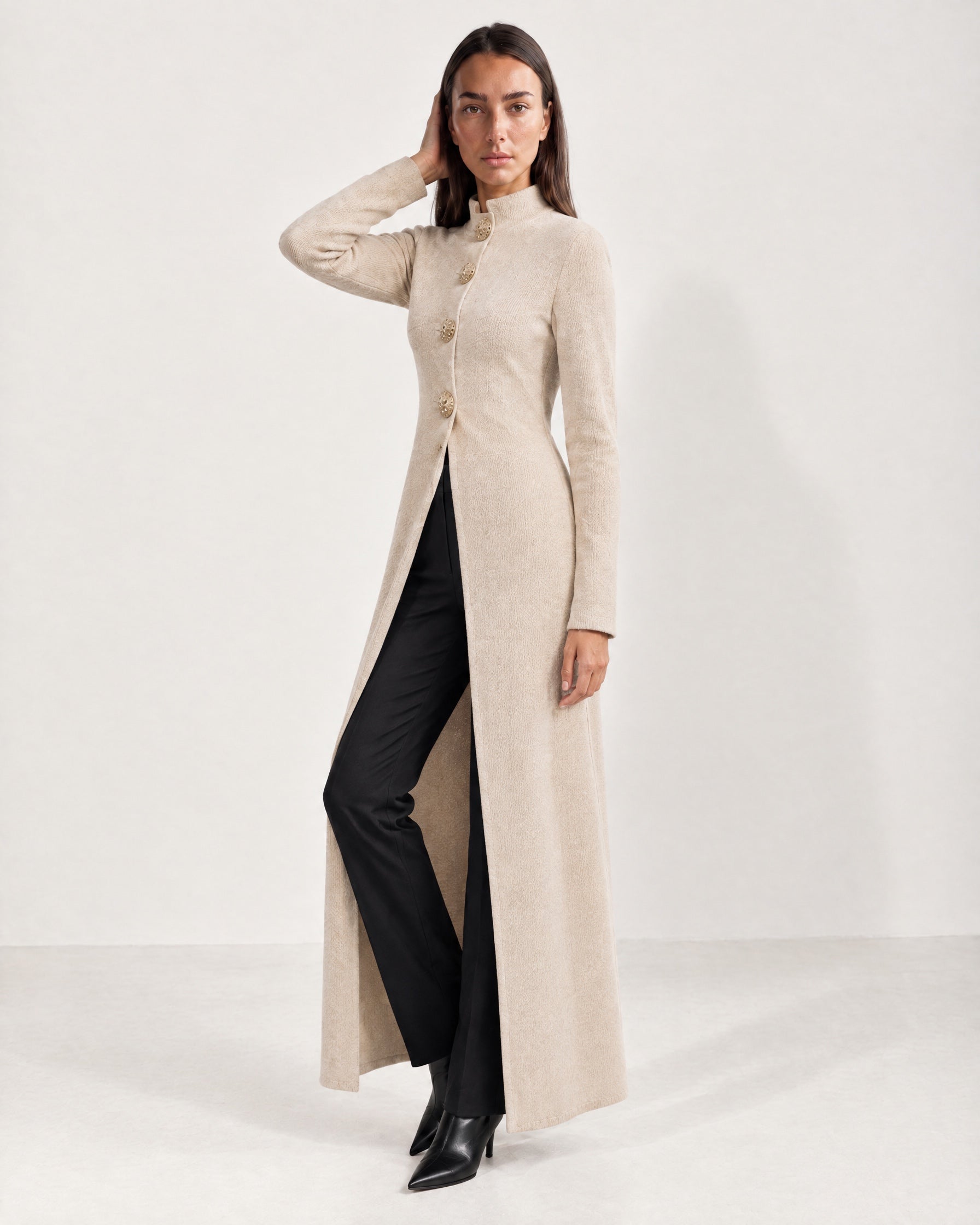 Beige Long Cardigan Womens Maxi Knitted Coatigan with Gold Buttons and Soft Knit