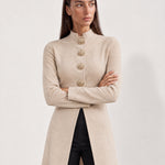 Beige Long Cardigan Womens Maxi Knitted Coatigan with Gold Buttons and Soft Knit