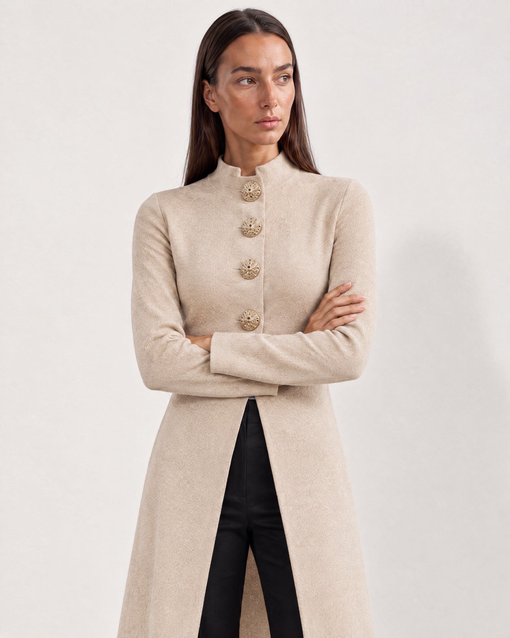 Beige Long Cardigan Womens Maxi Knitted Coatigan with Gold Buttons and Soft Knit