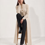 Beige Long Cardigan Womens Maxi Knitted Coatigan with Gold Buttons and Soft Knit
