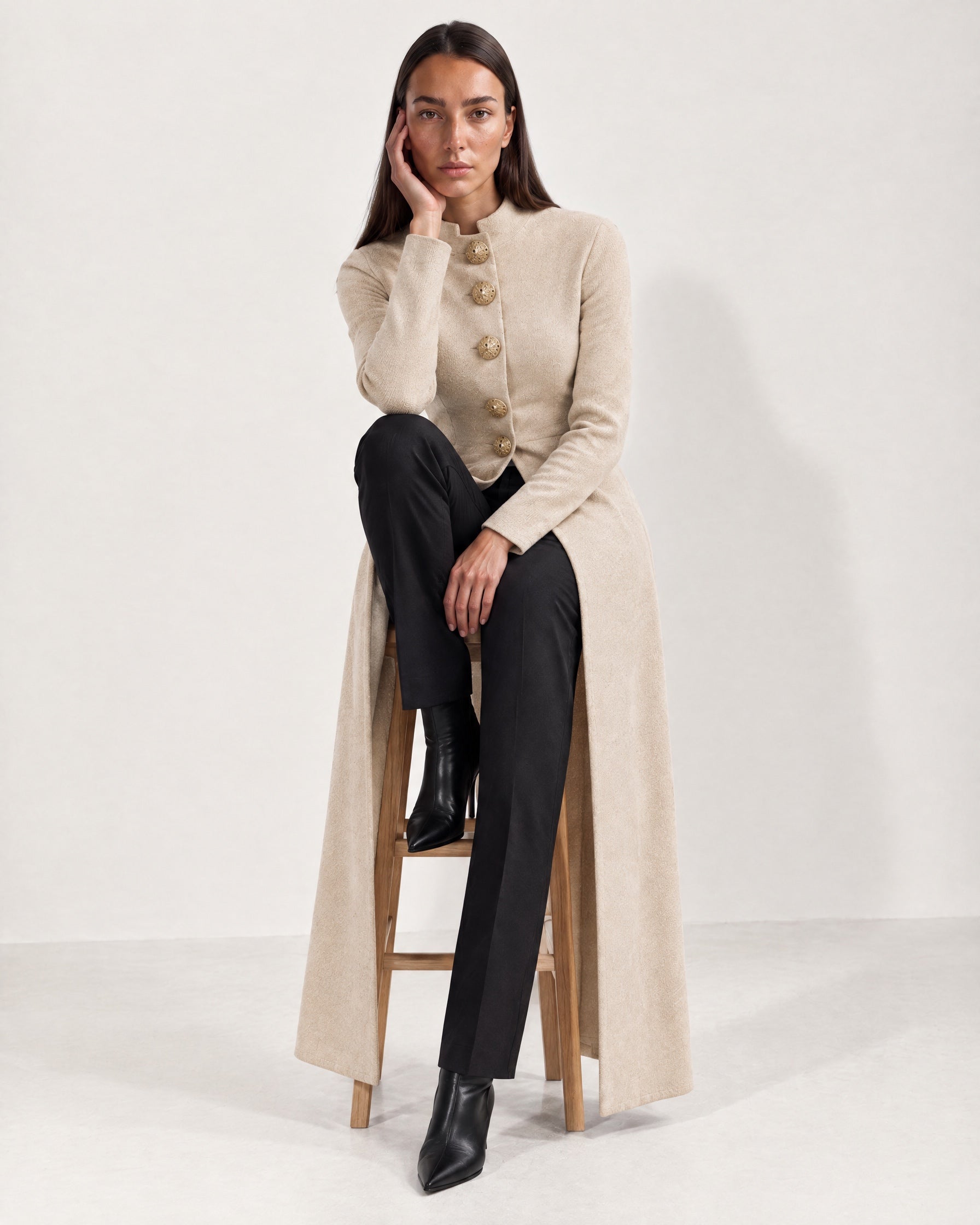 Beige Long Cardigan Womens Maxi Knitted Coatigan with Gold Buttons and Soft Knit