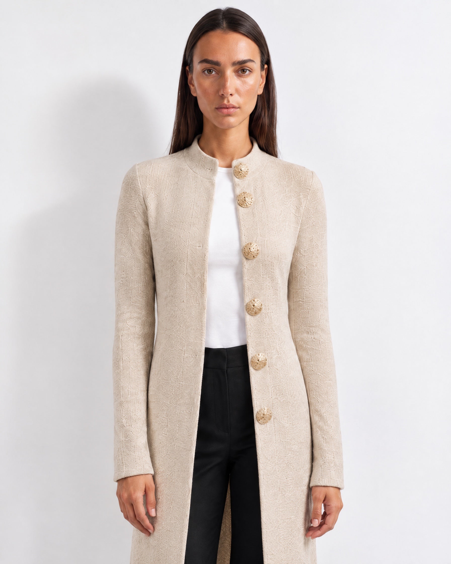 Beige Long Cardigan Womens Maxi Knitted Coatigan with Gold Buttons and Soft Knit