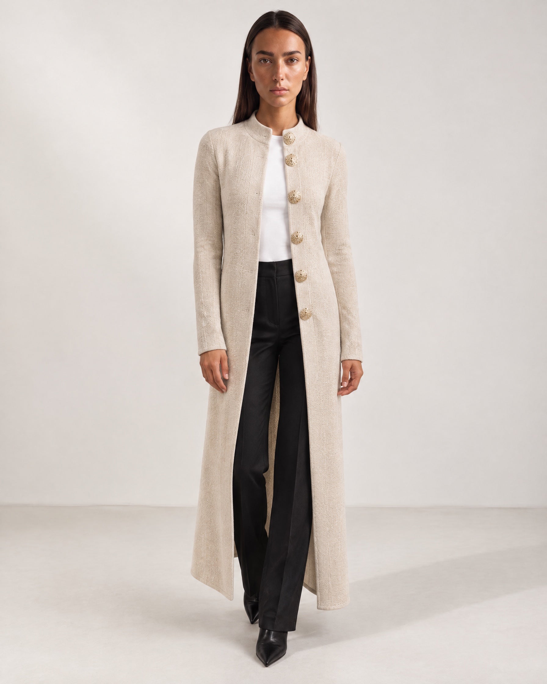 Beige Long Cardigan Womens Maxi Knitted Coatigan with Gold Buttons and Soft Knit