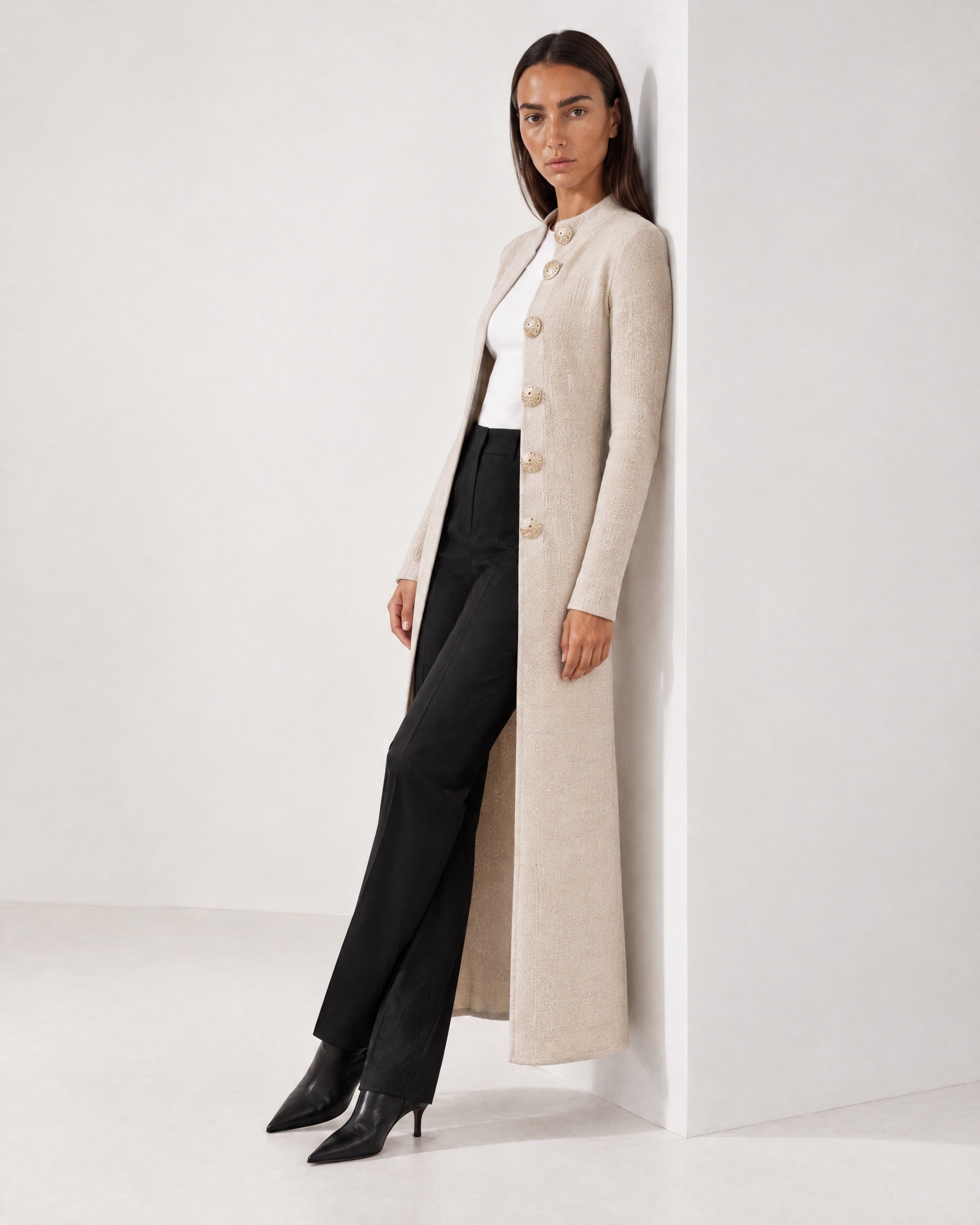 Beige Long Cardigan Womens Maxi Knitted Coatigan with Gold Buttons and Soft Knit