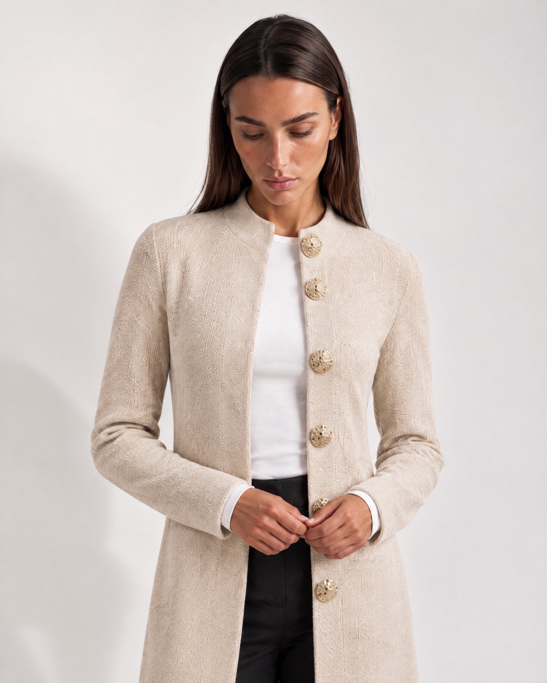 Beige Long Cardigan Womens Maxi Knitted Coatigan with Gold Buttons and Soft Knit