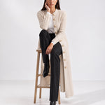 Beige Long Cardigan Womens Maxi Knitted Coatigan with Gold Buttons and Soft Knit