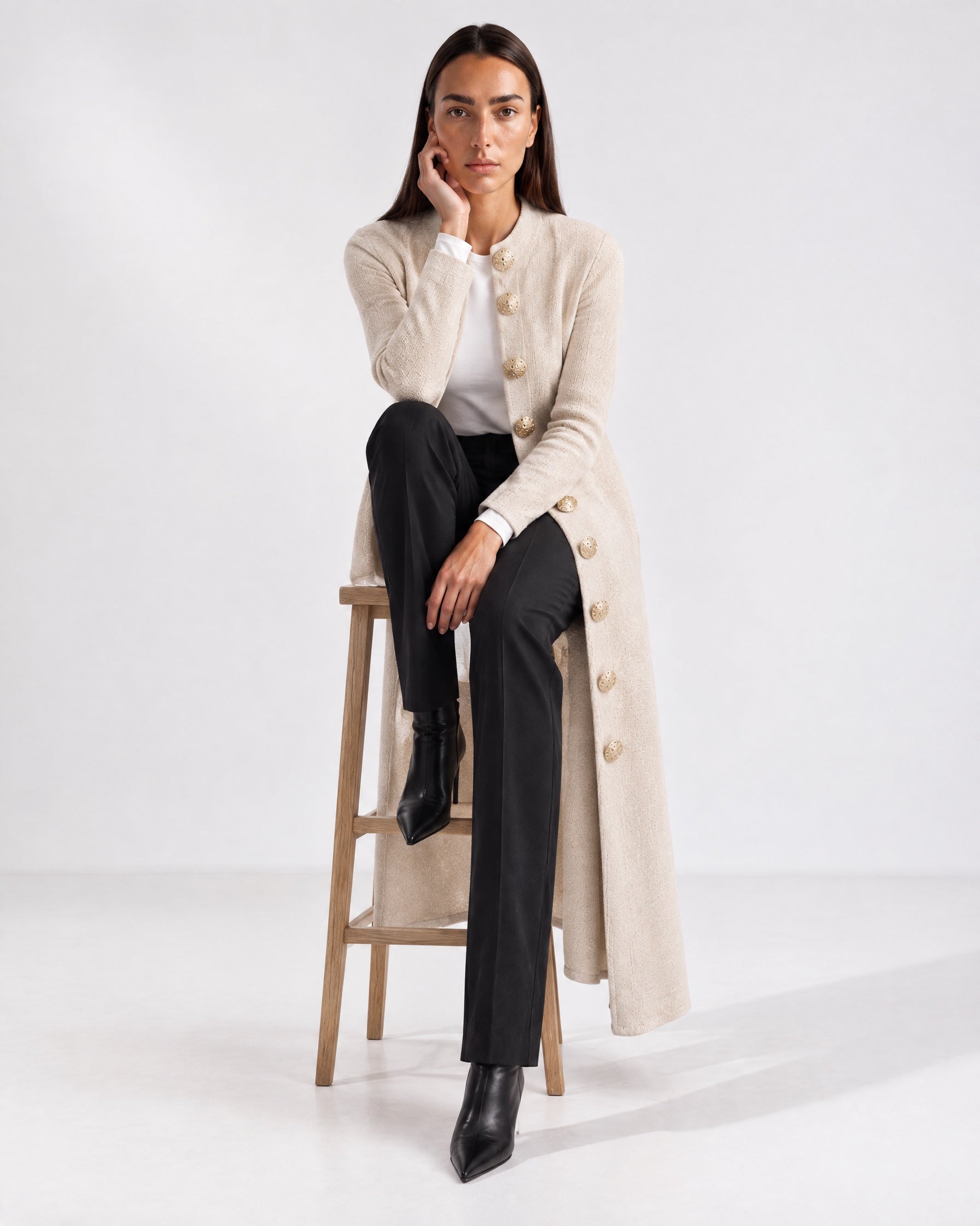 Beige Long Cardigan Womens Maxi Knitted Coatigan with Gold Buttons and Soft Knit