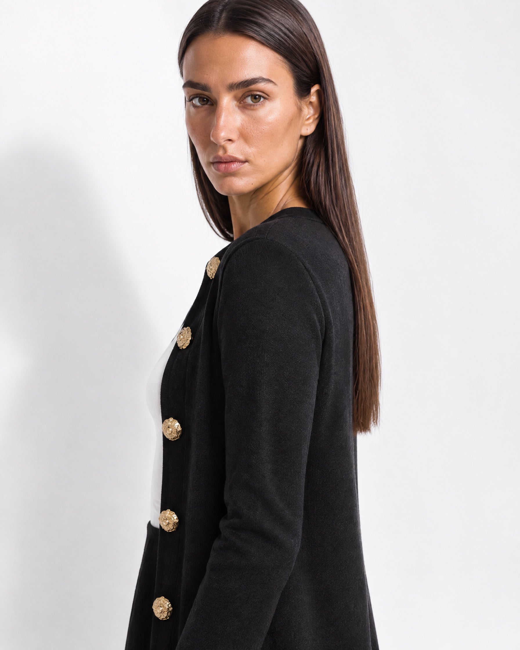 Black Long Cardigan Womens Maxi Knitted Coatigan with Gold Buttons and Soft Knit