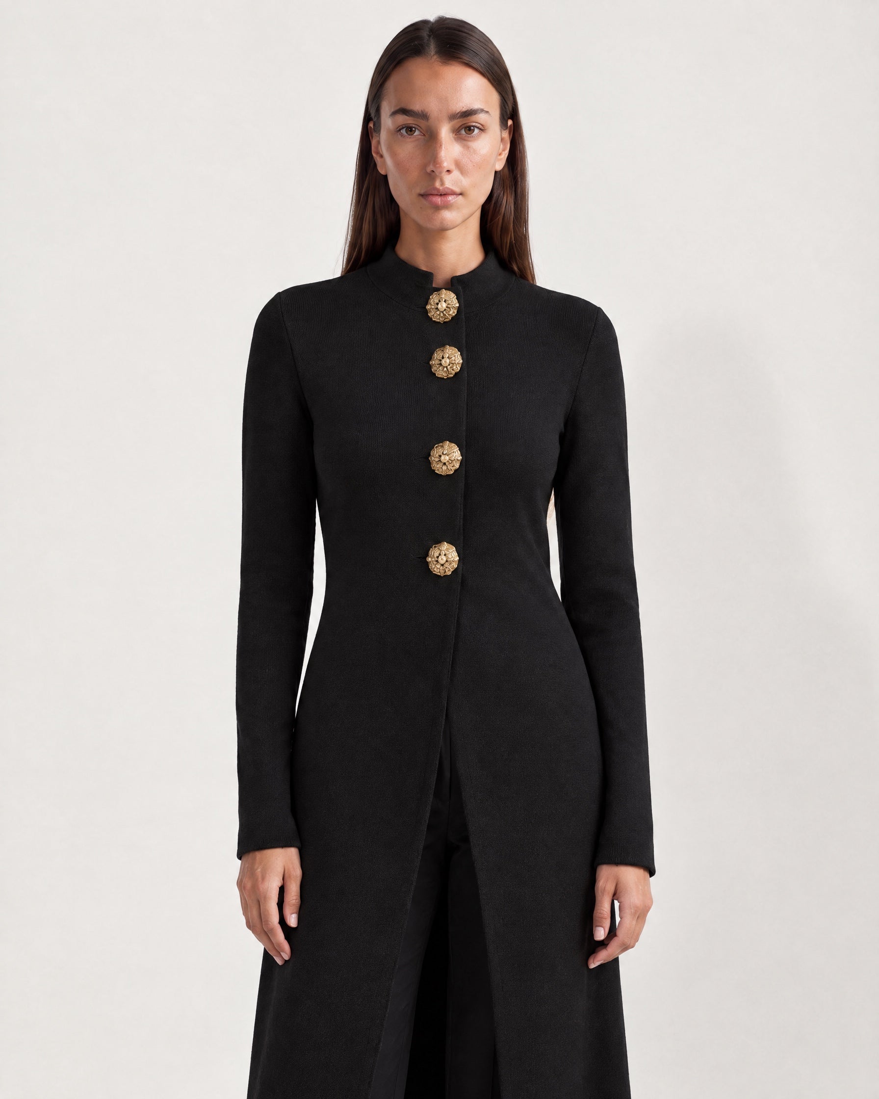 Black Long Cardigan Womens Maxi Knitted Coatigan with Gold Buttons and Soft Knit