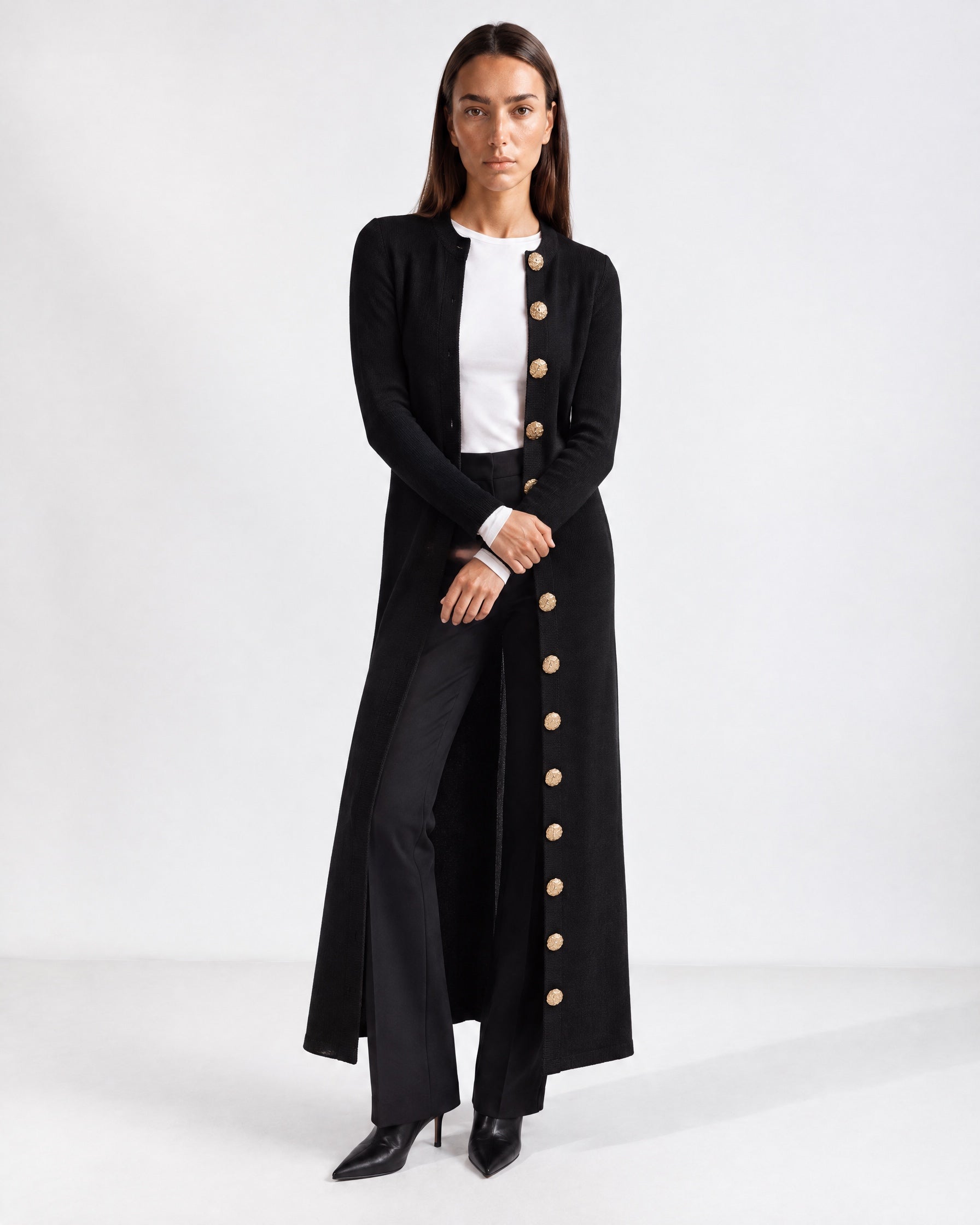 Black Long Cardigan Womens Maxi Knitted Coatigan with Gold Buttons and Soft Knit
