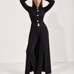 Black Long Cardigan Womens Maxi Knitted Coatigan with Gold Buttons and Soft Knit