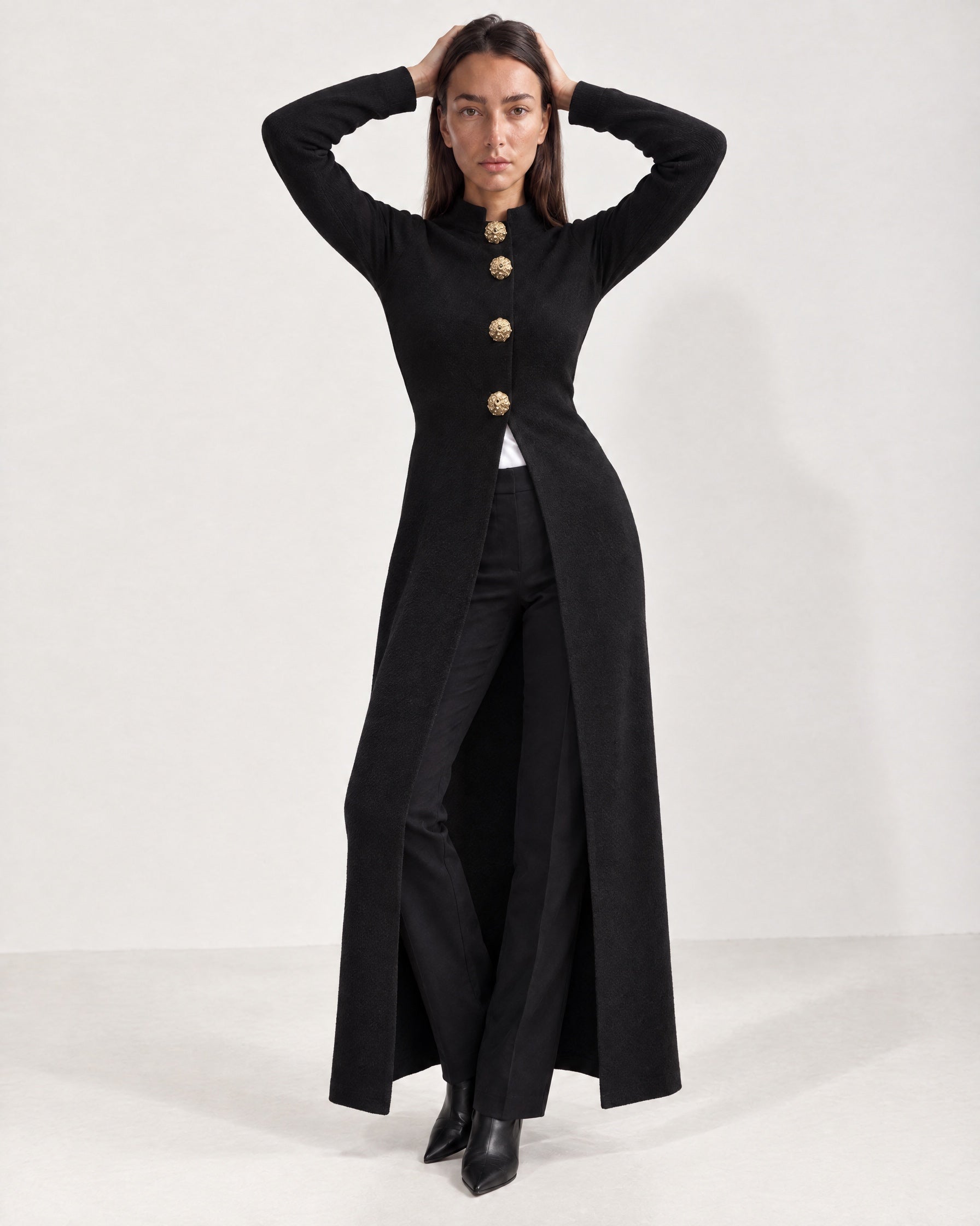 Black Long Cardigan Womens Maxi Knitted Coatigan with Gold Buttons and Soft Knit
