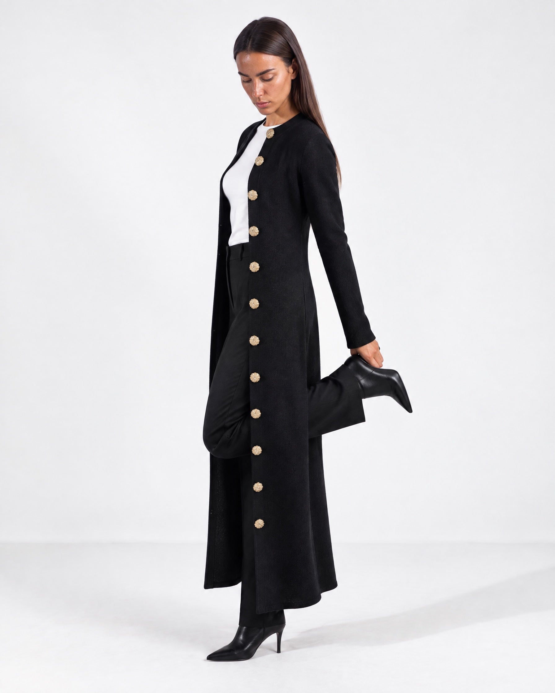 Black Long Cardigan Womens Maxi Knitted Coatigan with Gold Buttons and Soft Knit