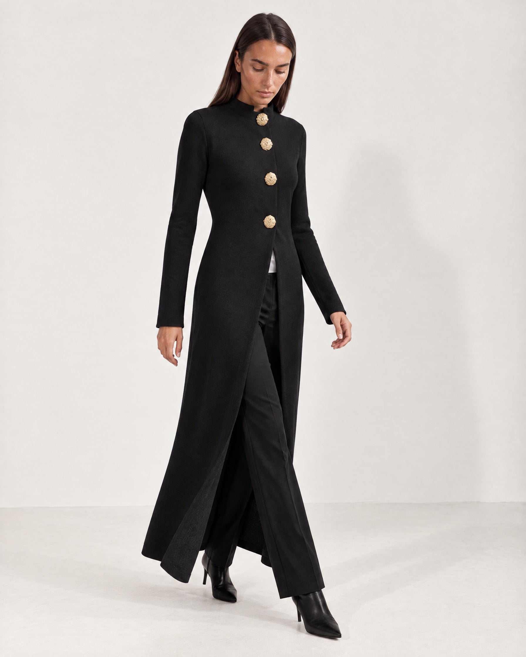 Black Long Cardigan Womens Maxi Knitted Coatigan with Gold Buttons and Soft Knit