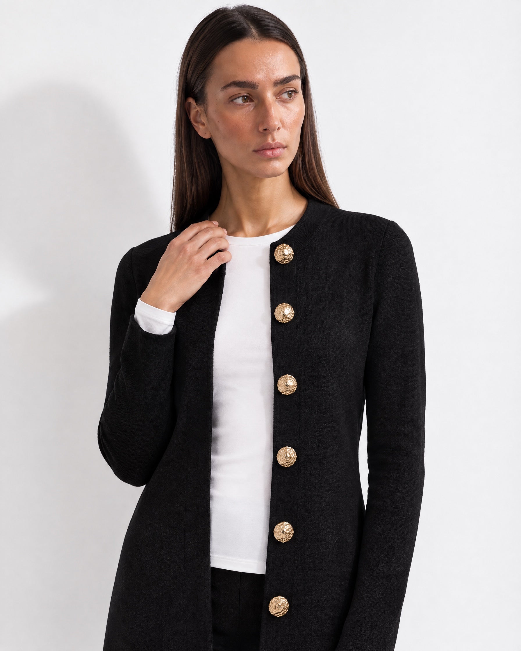 Black Long Cardigan Womens Maxi Knitted Coatigan with Gold Buttons and Soft Knit