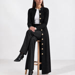 Black Long Cardigan Womens Maxi Knitted Coatigan with Gold Buttons and Soft Knit