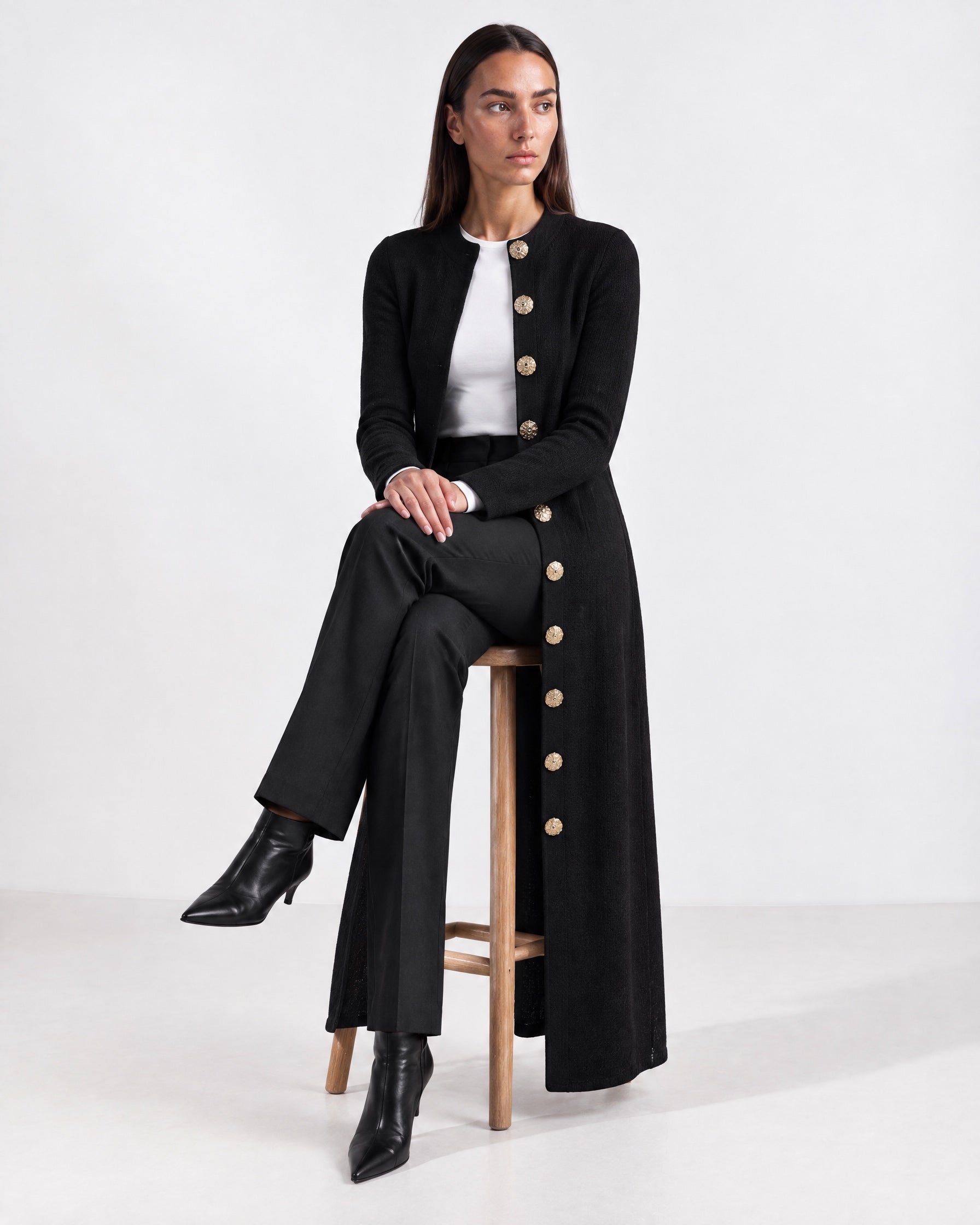 Black Long Cardigan Womens Maxi Knitted Coatigan with Gold Buttons and Soft Knit
