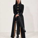 Black Long Cardigan Womens Maxi Knitted Coatigan with Gold Buttons and Soft Knit