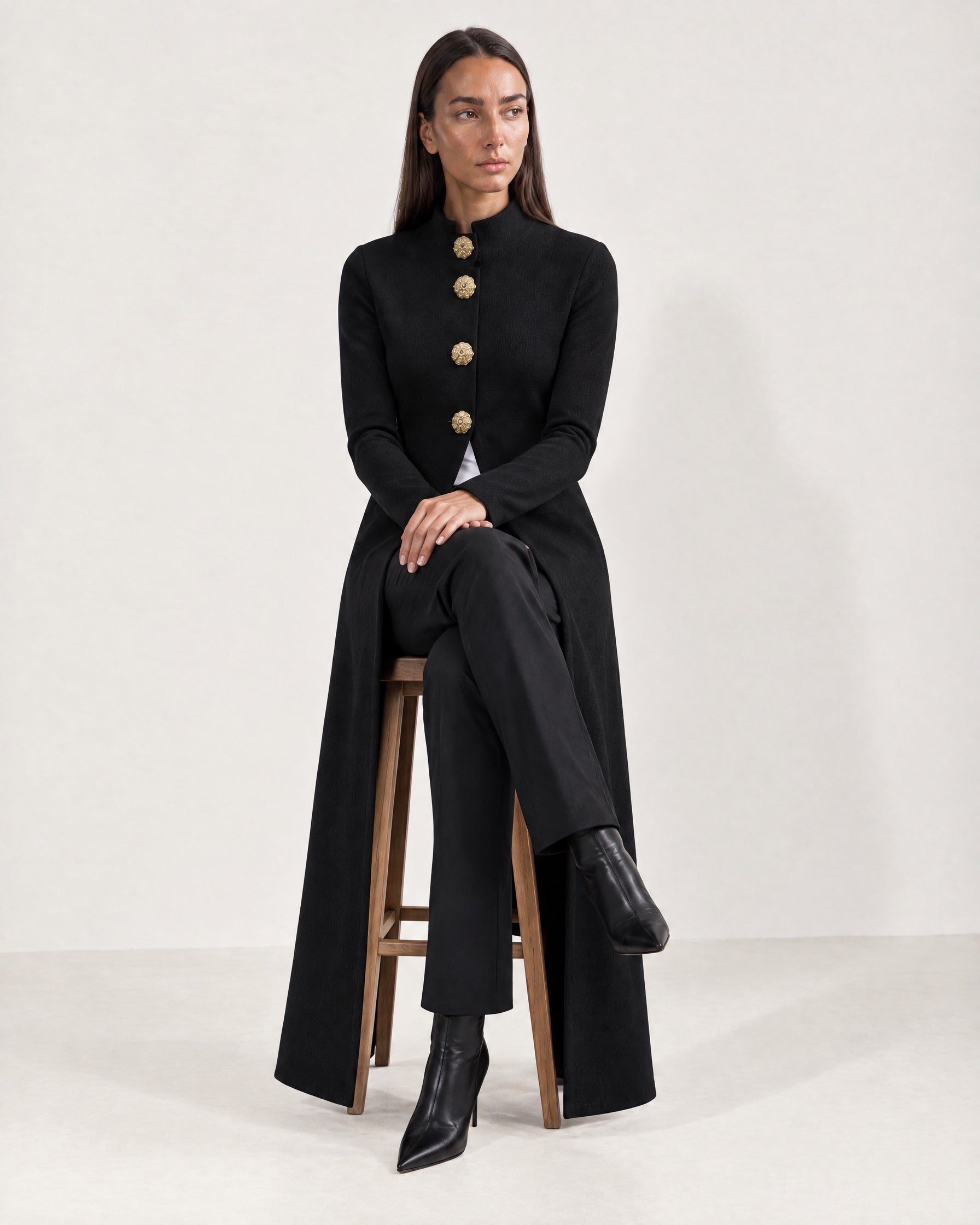 Black Long Cardigan Womens Maxi Knitted Coatigan with Gold Buttons and Soft Knit