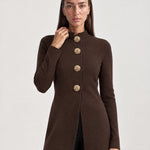 Brown Long Cardigan Womens Maxi Knitted Coatigan with Gold Buttons and Soft Knit