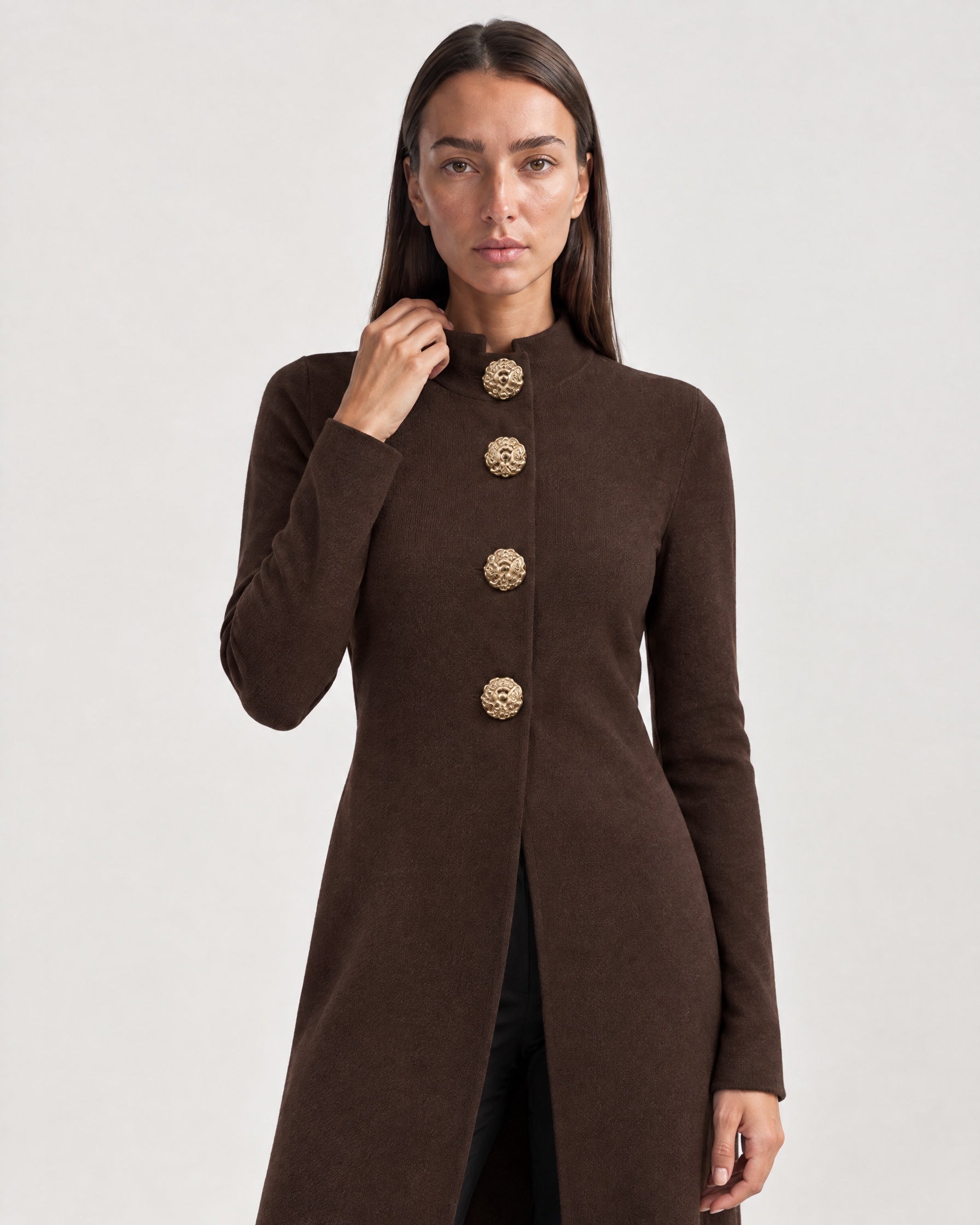 Brown Long Cardigan Womens Maxi Knitted Coatigan with Gold Buttons and Soft Knit