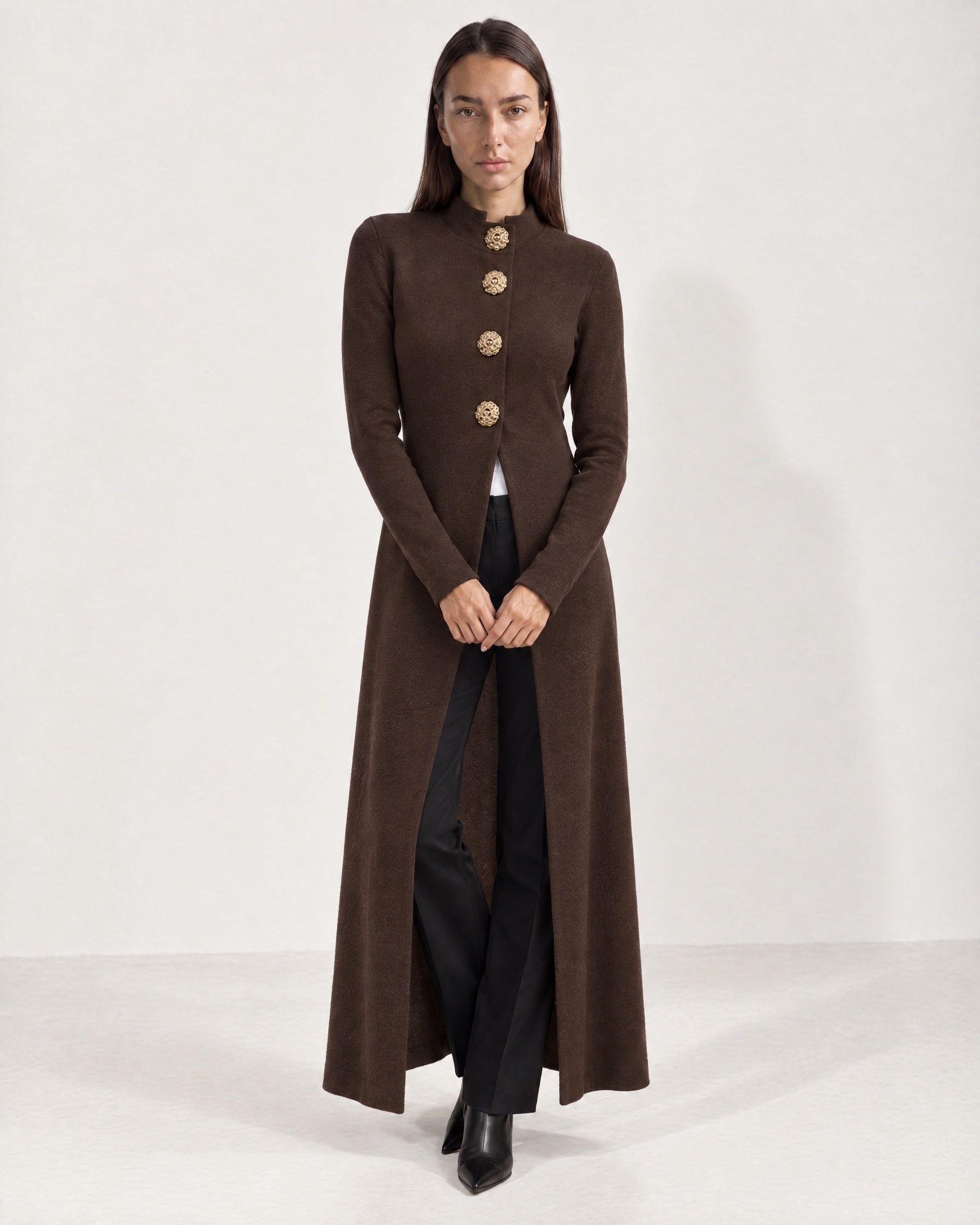 Brown Long Cardigan Womens Maxi Knitted Coatigan with Gold Buttons and Soft Knit
