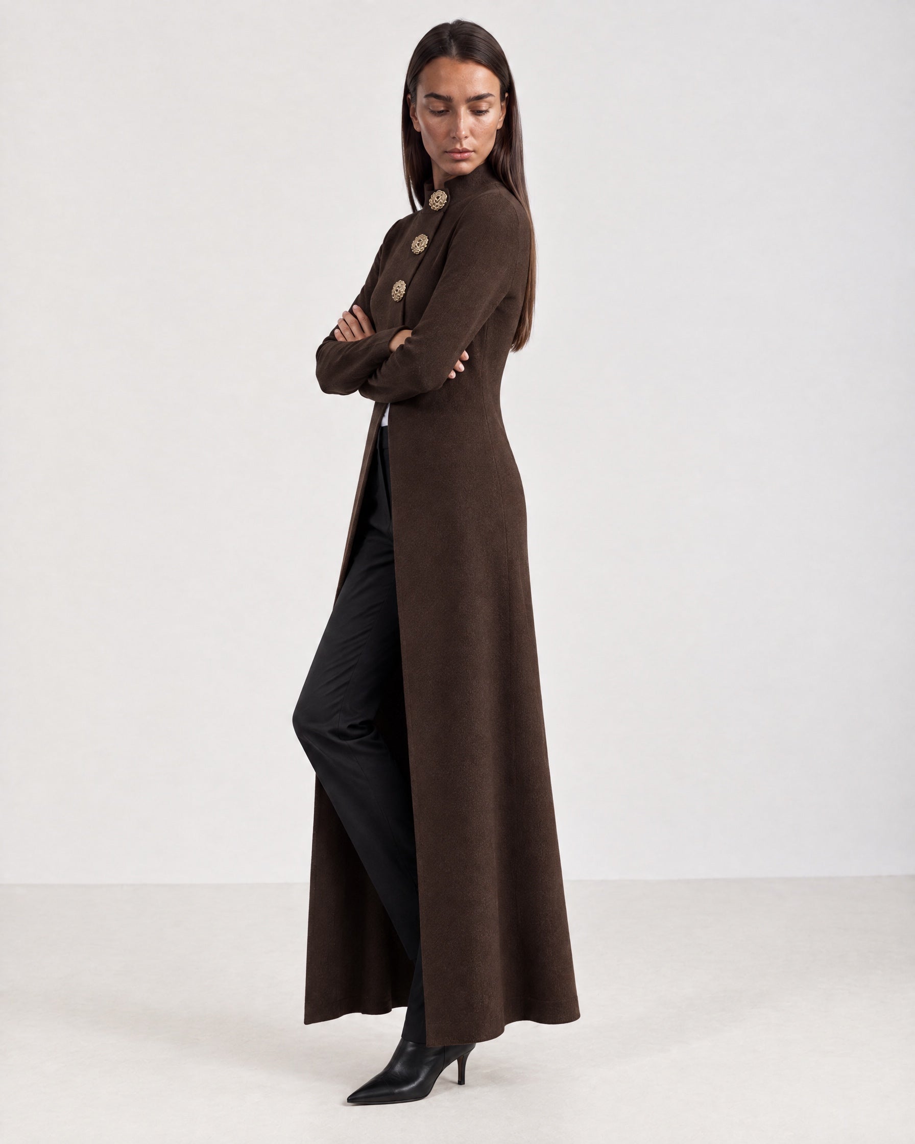 Brown Long Cardigan Womens Maxi Knitted Coatigan with Gold Buttons and Soft Knit