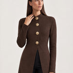 Brown Long Cardigan Womens Maxi Knitted Coatigan with Gold Buttons and Soft Knit