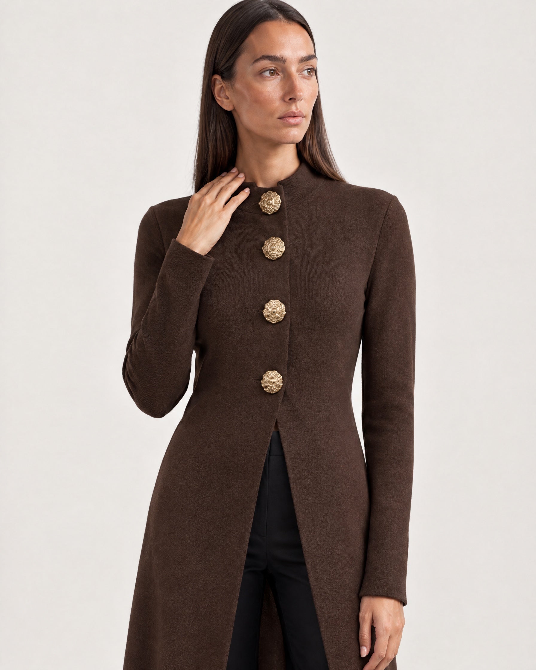 Brown Long Cardigan Womens Maxi Knitted Coatigan with Gold Buttons and Soft Knit