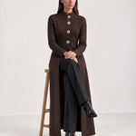 Brown Long Cardigan Womens Maxi Knitted Coatigan with Gold Buttons and Soft Knit