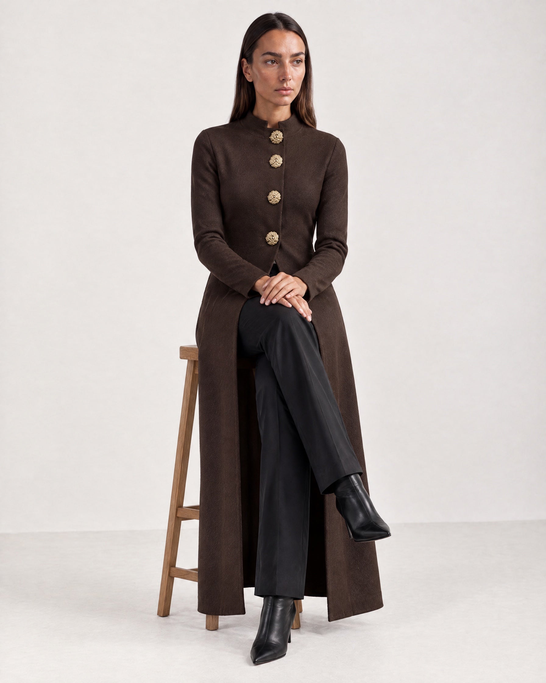 Brown Long Cardigan Womens Maxi Knitted Coatigan with Gold Buttons and Soft Knit