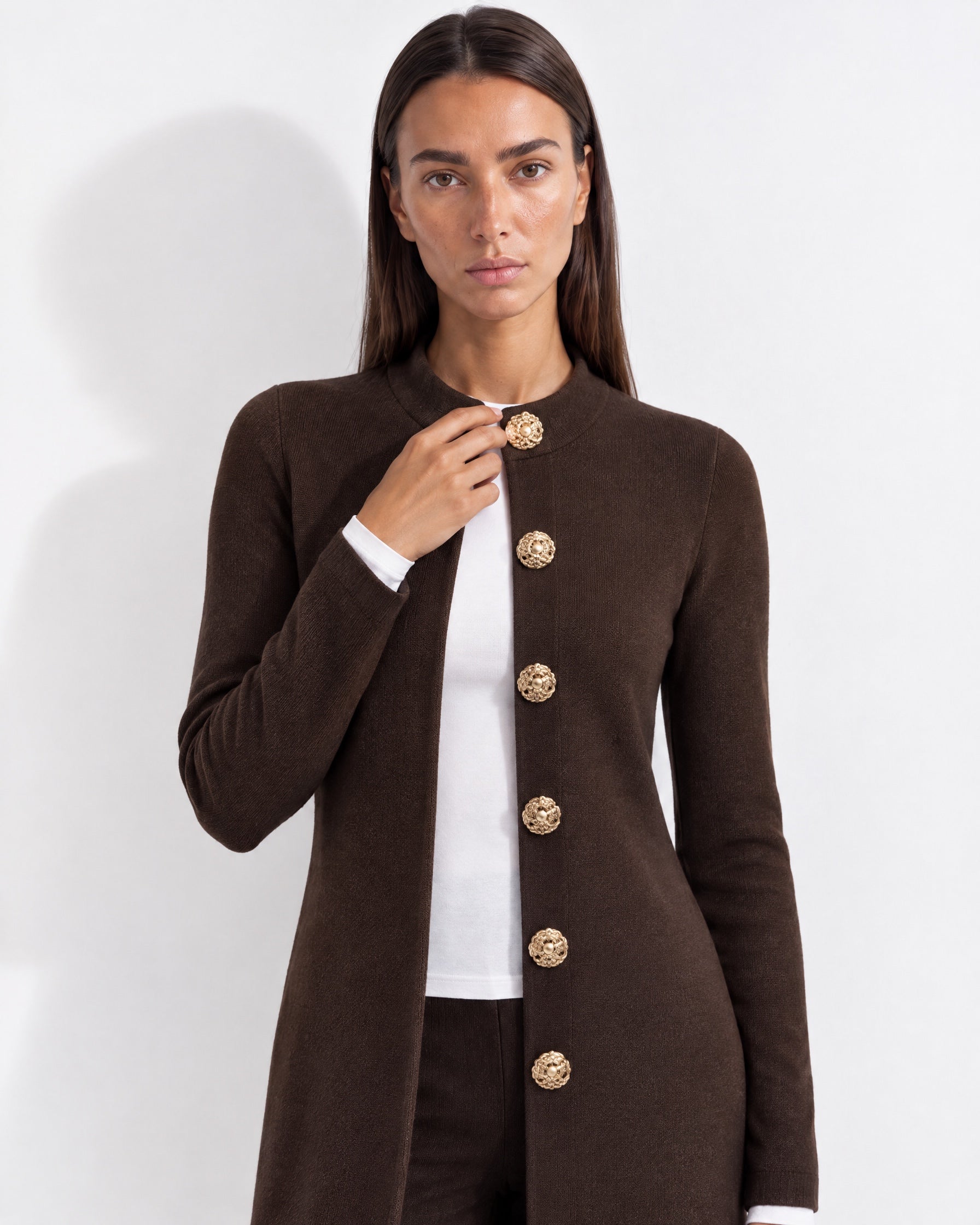 Brown Long Cardigan Womens Maxi Knitted Coatigan with Gold Buttons and Soft Knit