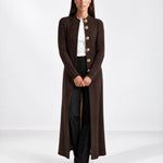 Brown Long Cardigan Womens Maxi Knitted Coatigan with Gold Buttons and Soft Knit