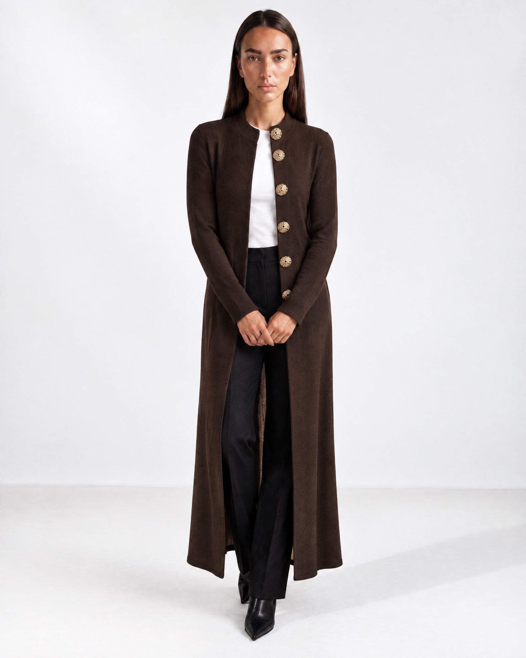 Brown Long Cardigan Womens Maxi Knitted Coatigan with Gold Buttons and Soft Knit