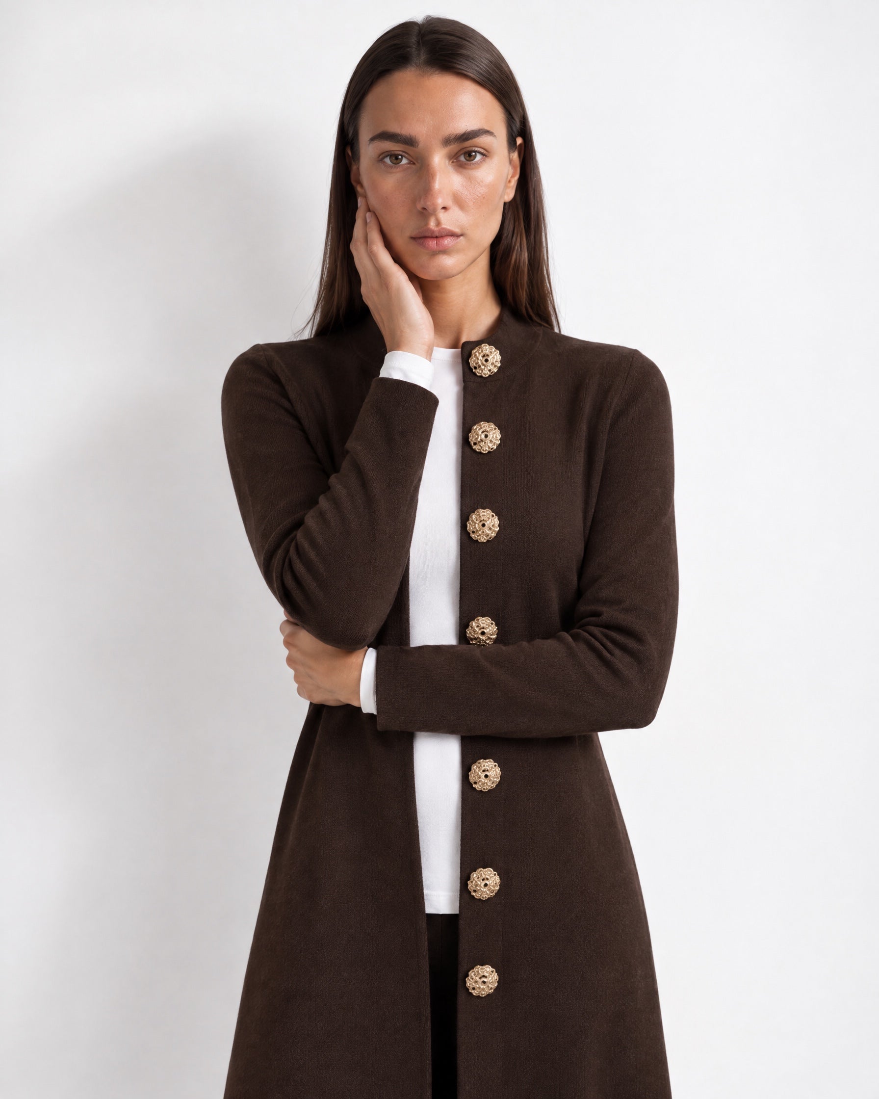 Brown Long Cardigan Womens Maxi Knitted Coatigan with Gold Buttons and Soft Knit