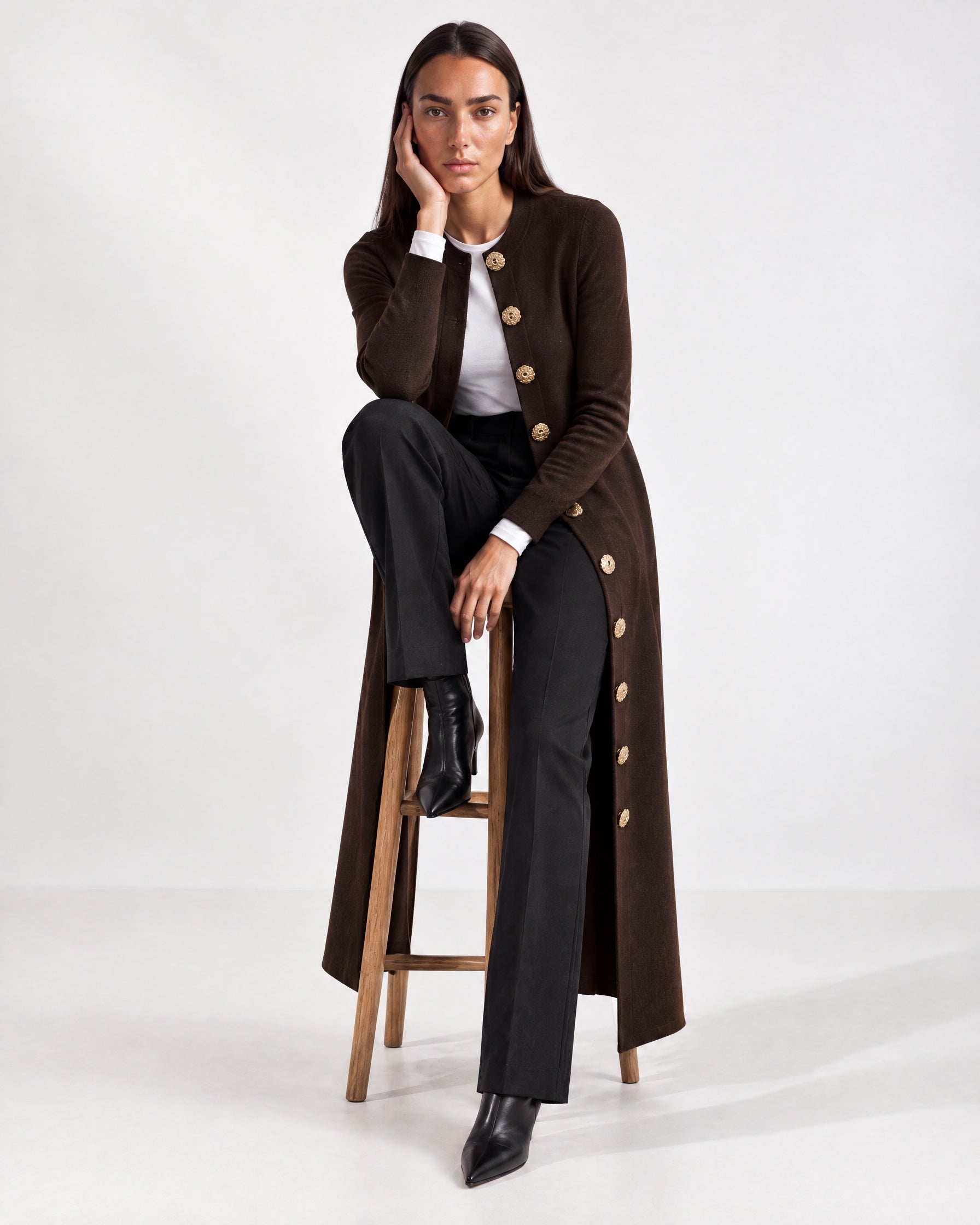 Brown Long Cardigan Womens Maxi Knitted Coatigan with Gold Buttons and Soft Knit
