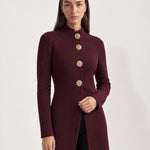 Burgundy Long Cardigan Womens Maxi Knitted Coatigan with Gold Buttons and Soft Knit