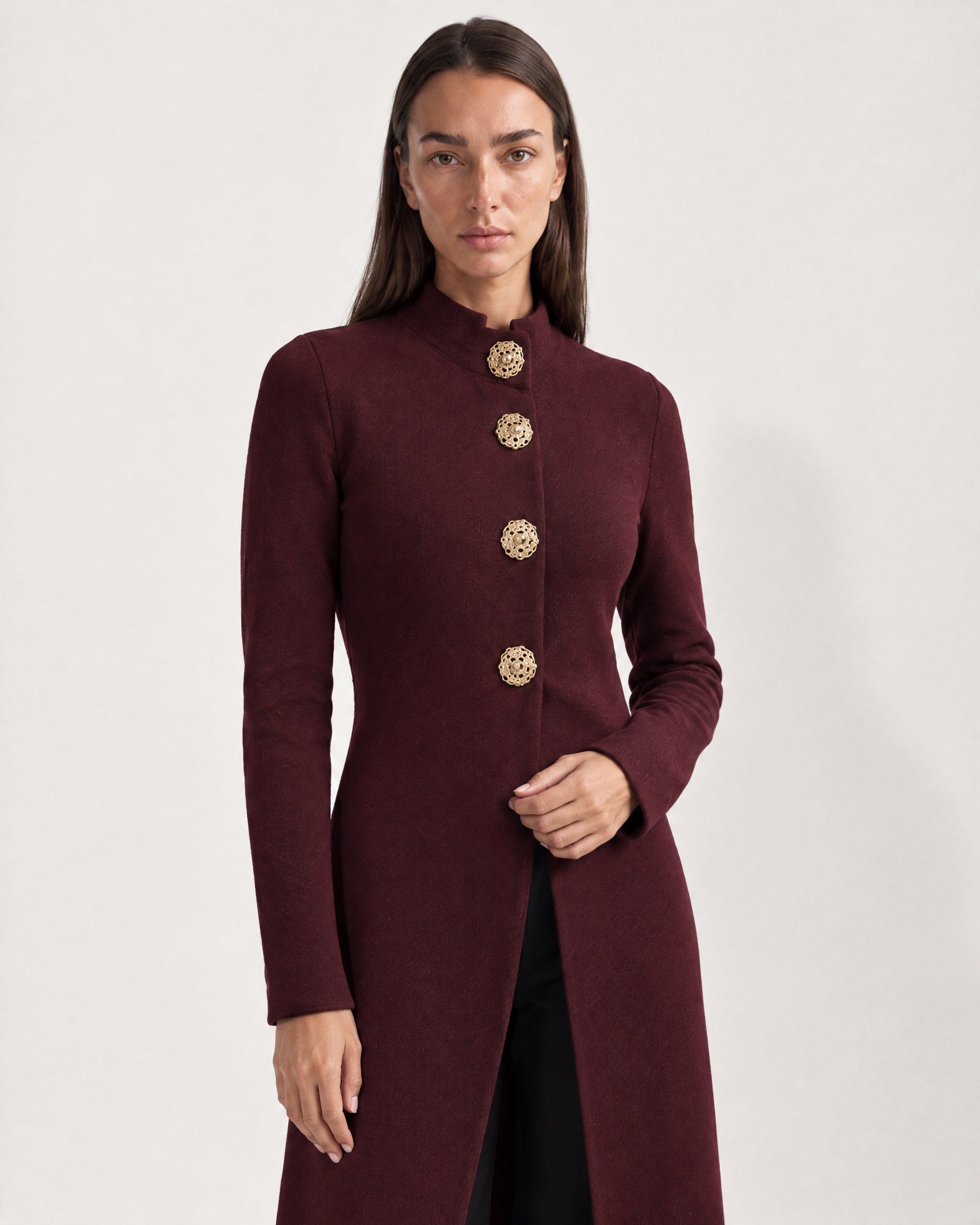 Burgundy Long Cardigan Womens Maxi Knitted Coatigan with Gold Buttons and Soft Knit