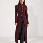 Burgundy Long Cardigan Womens Maxi Knitted Coatigan with Gold Buttons and Soft Knit