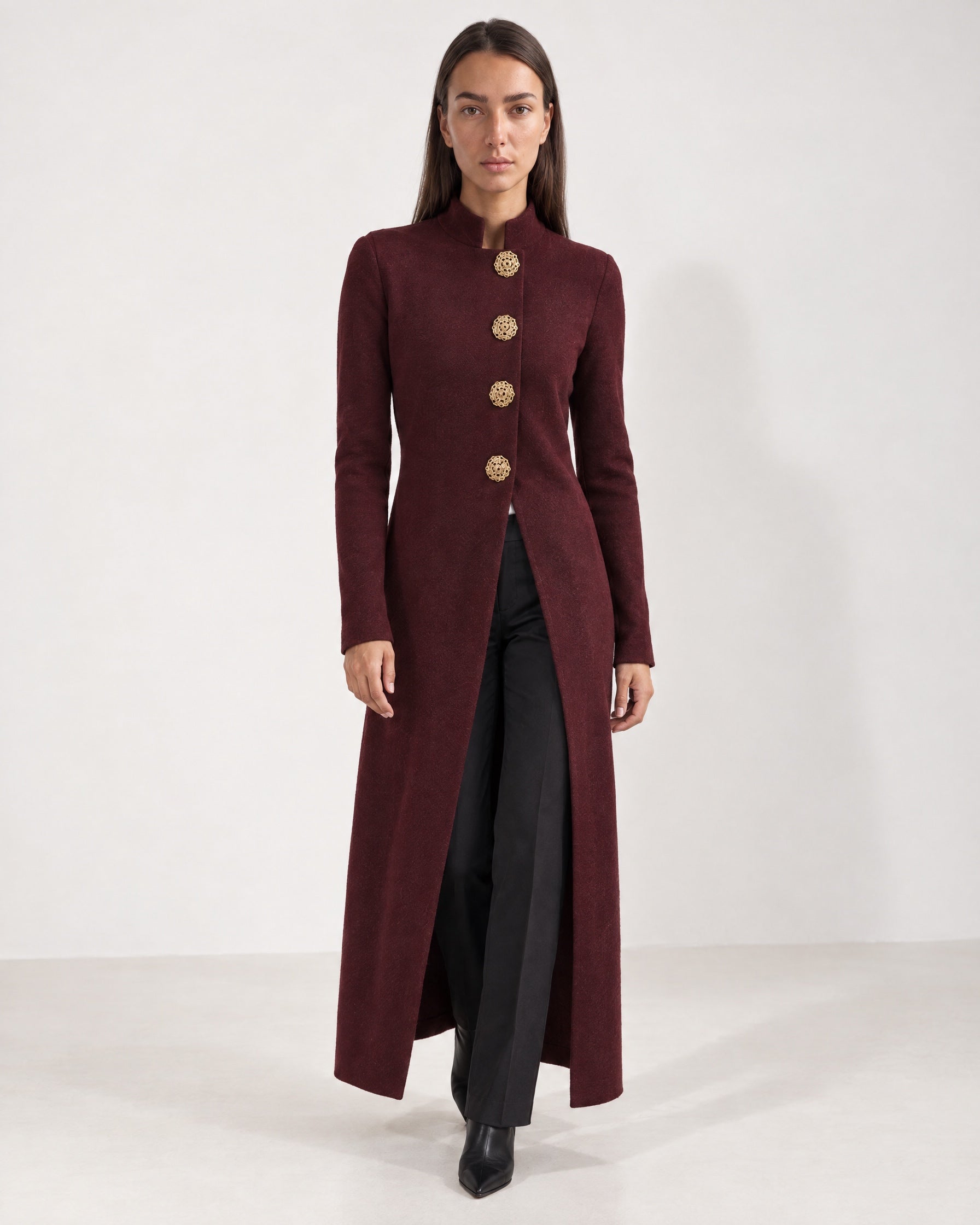Burgundy Long Cardigan Womens Maxi Knitted Coatigan with Gold Buttons and Soft Knit