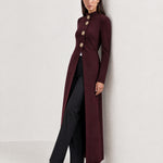 Burgundy Long Cardigan Womens Maxi Knitted Coatigan with Gold Buttons and Soft Knit