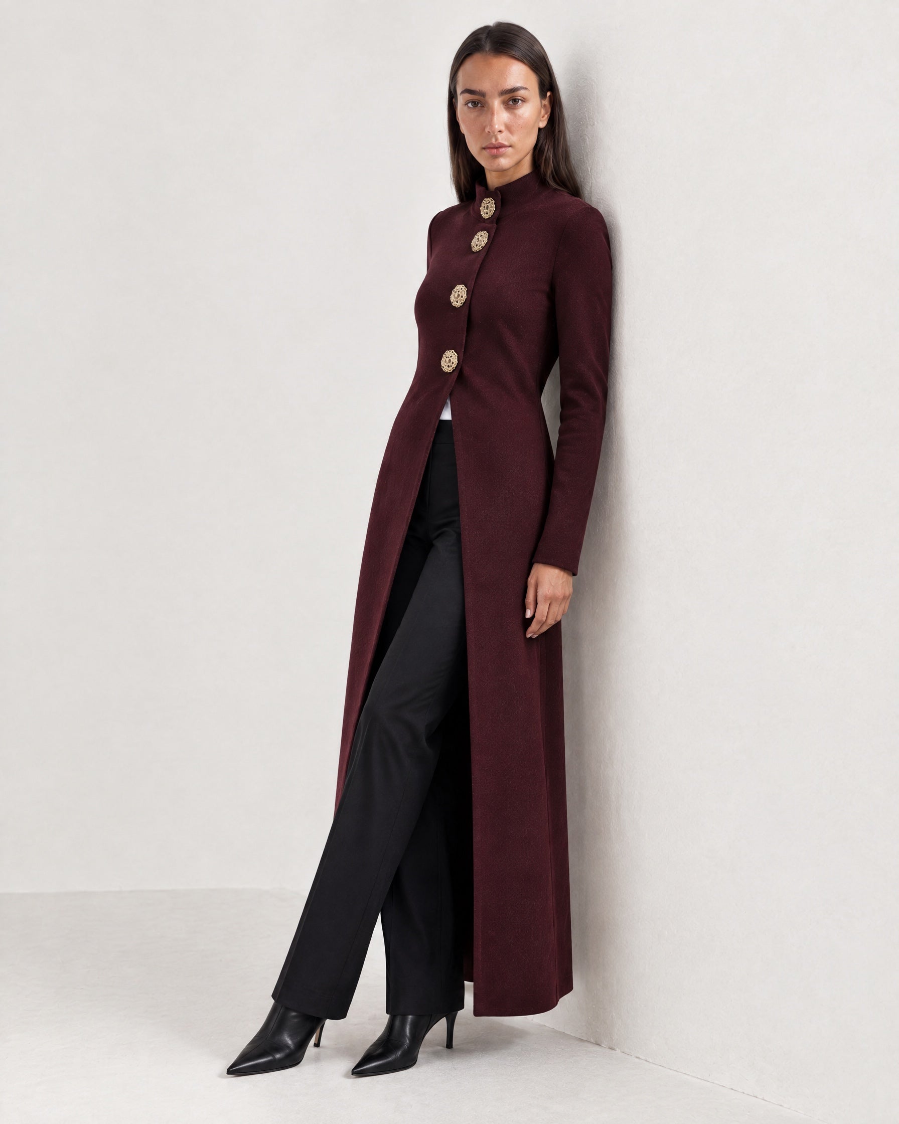 Burgundy Long Cardigan Womens Maxi Knitted Coatigan with Gold Buttons and Soft Knit