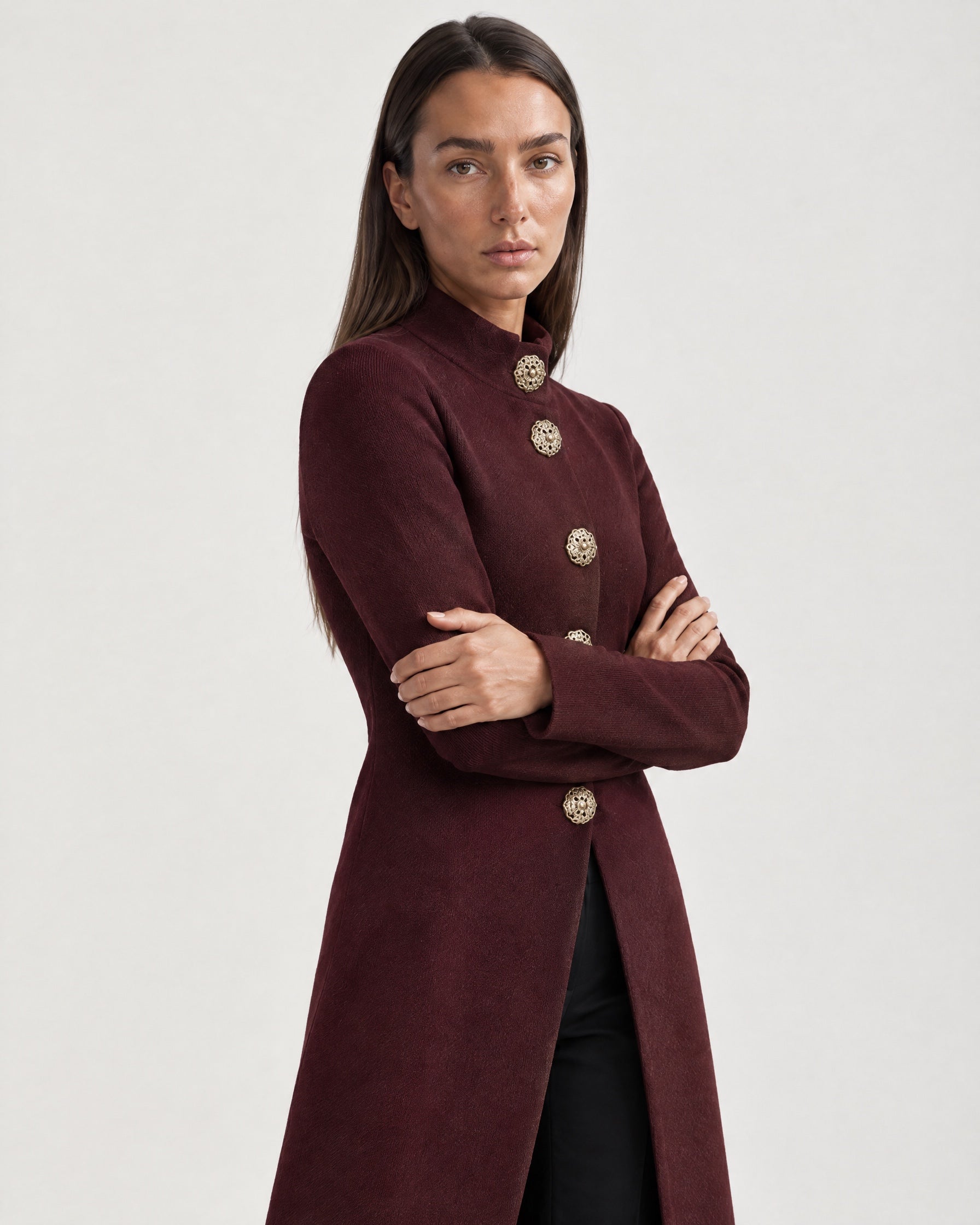 Burgundy Long Cardigan Womens Maxi Knitted Coatigan with Gold Buttons and Soft Knit