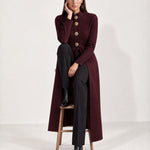 Burgundy Long Cardigan Womens Maxi Knitted Coatigan with Gold Buttons and Soft Knit