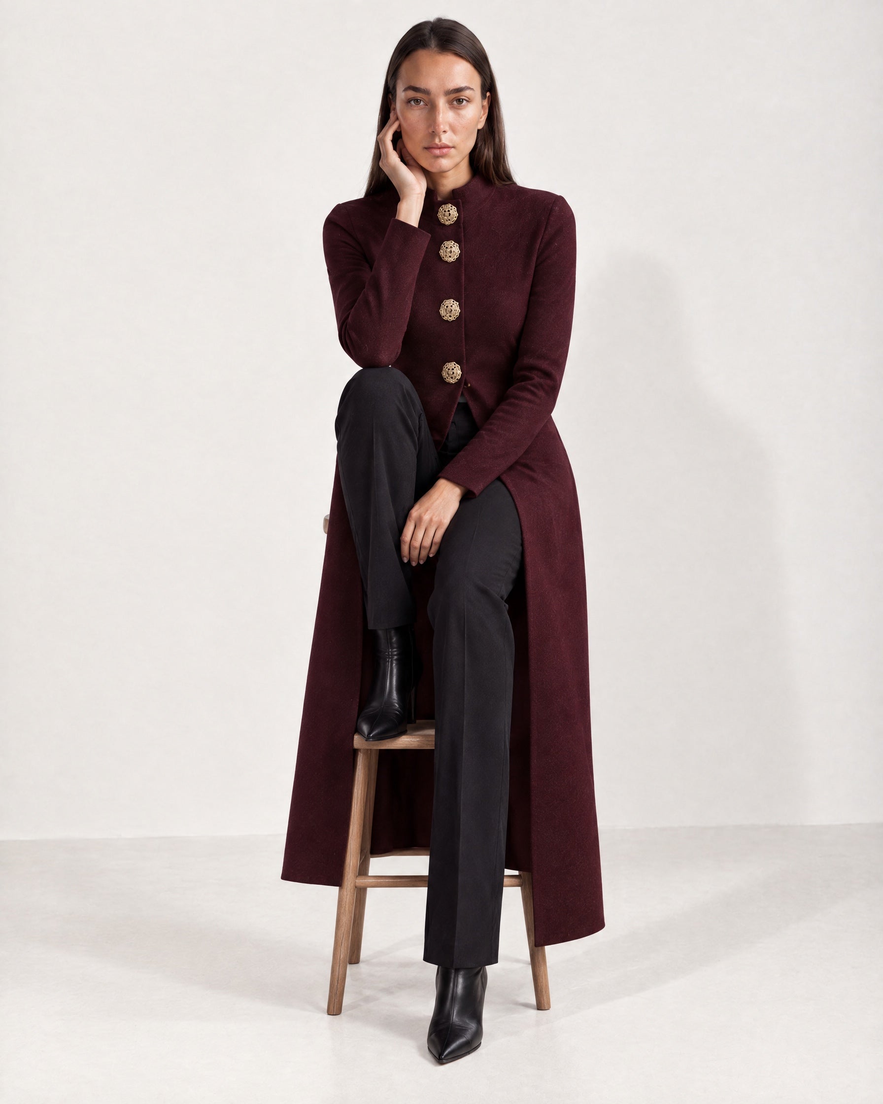 Burgundy Long Cardigan Womens Maxi Knitted Coatigan with Gold Buttons and Soft Knit