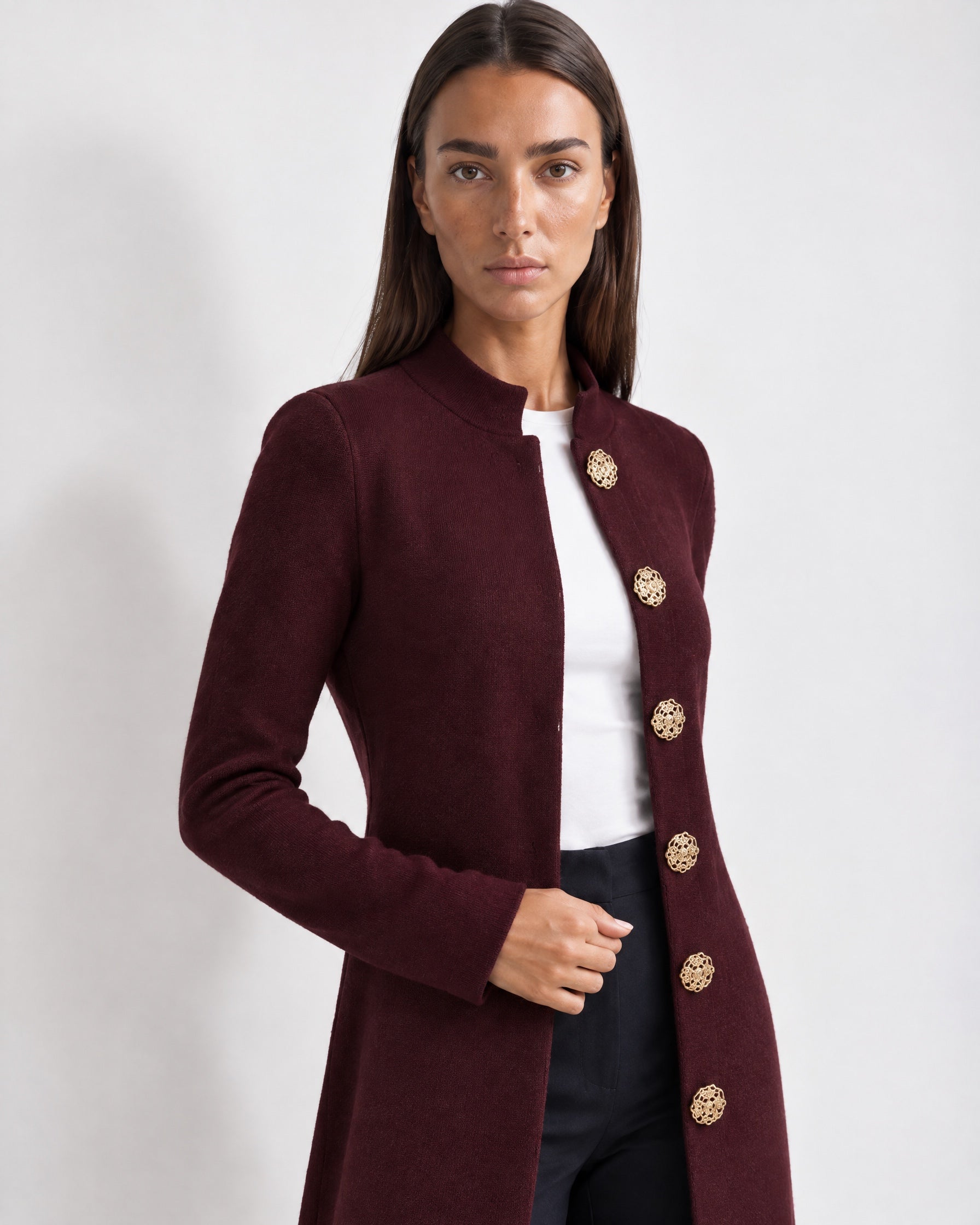 Burgundy Long Cardigan Womens Maxi Knitted Coatigan with Gold Buttons and Soft Knit