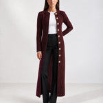 Burgundy Long Cardigan Womens Maxi Knitted Coatigan with Gold Buttons and Soft Knit